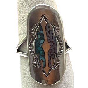 Vintage Native American Sterling Silver Turquoise & Coral Inlay Ring Size 7